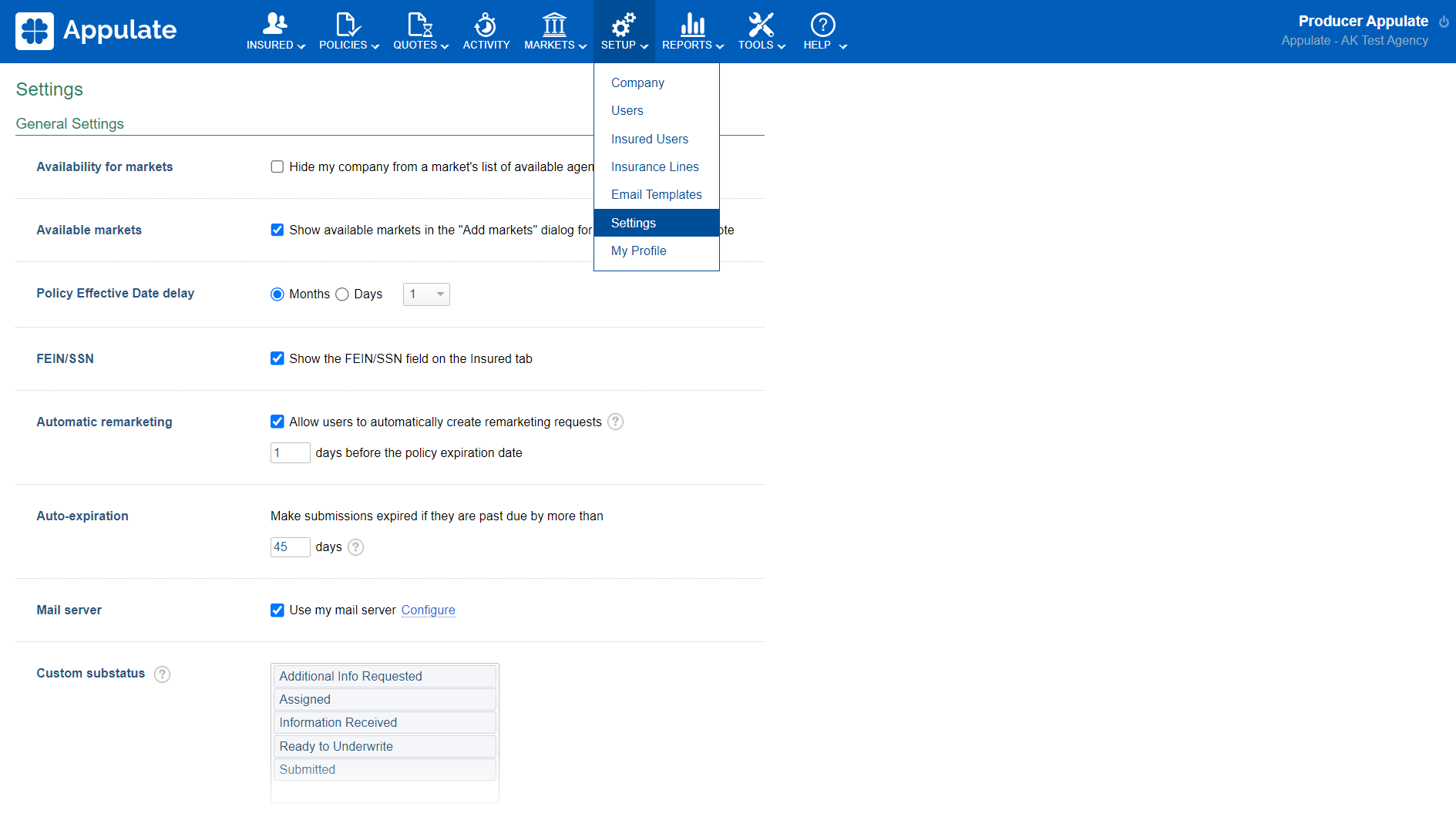 Settings page